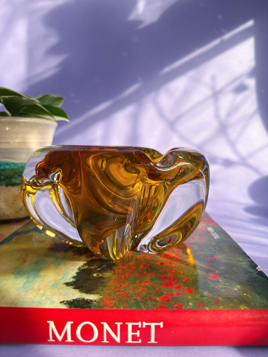 Vintage Amber Heavy Art Glass Ashtray / Candy / Throw Dish