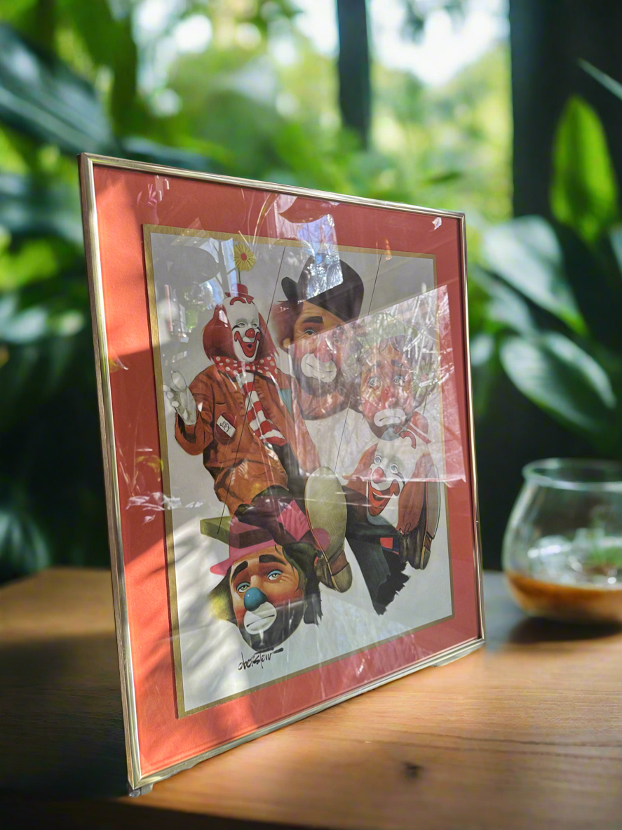 Vintage Chuck Oberstein Clowns Sad Signed Print Brass Framed