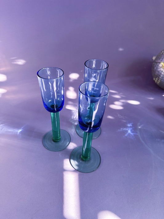 Vintage Scandinavian Liqueur Glasses Blue and Green 1980s 3 pcs
