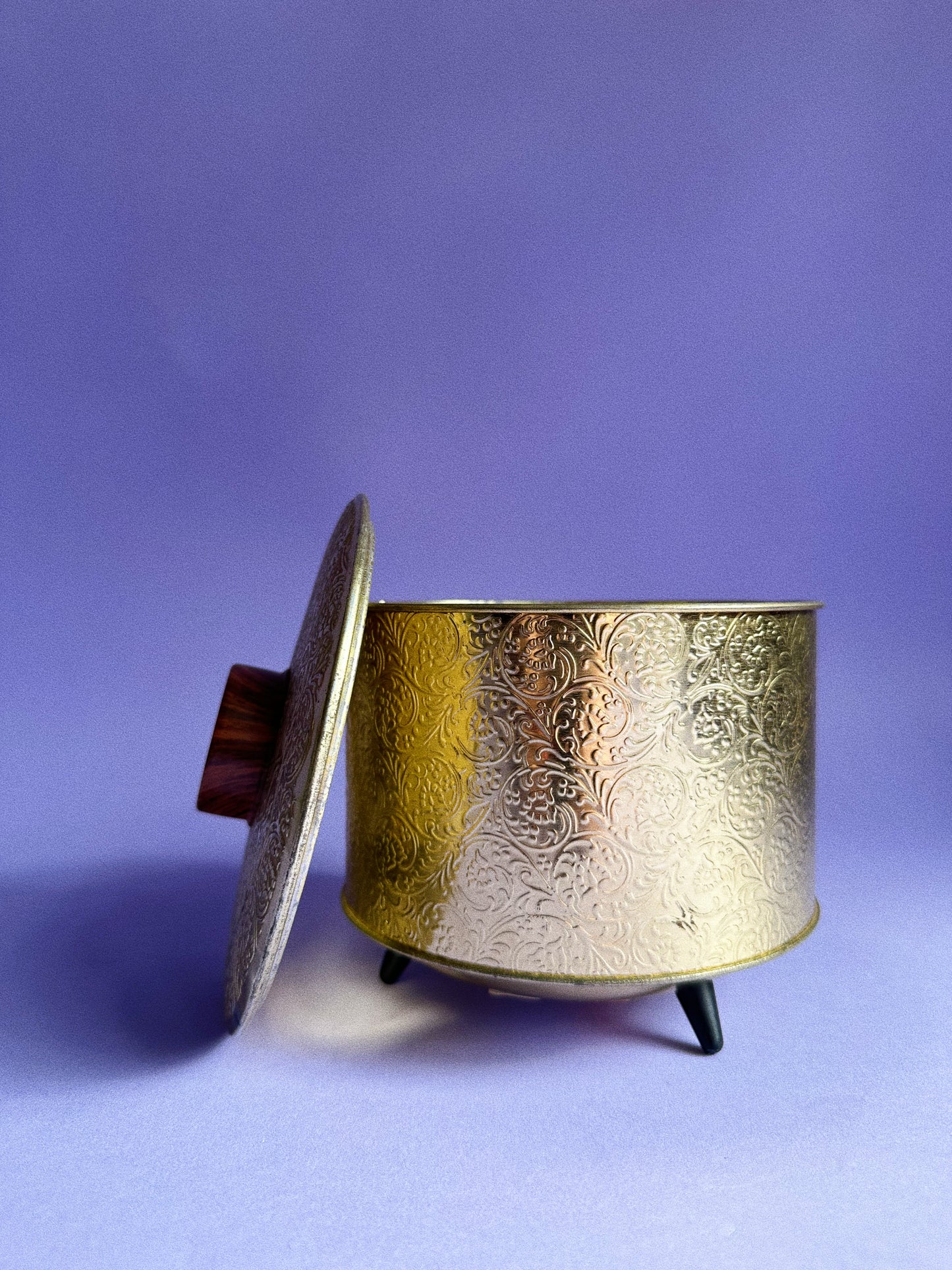 Vintage Gold Round Metal Embossed Container Tapered Legs West Germany