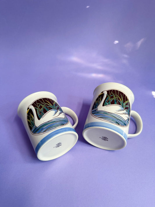 Pair Of Vintage Otagiri Swan Mugs Blue Ceramic Water Plants Lake Japan