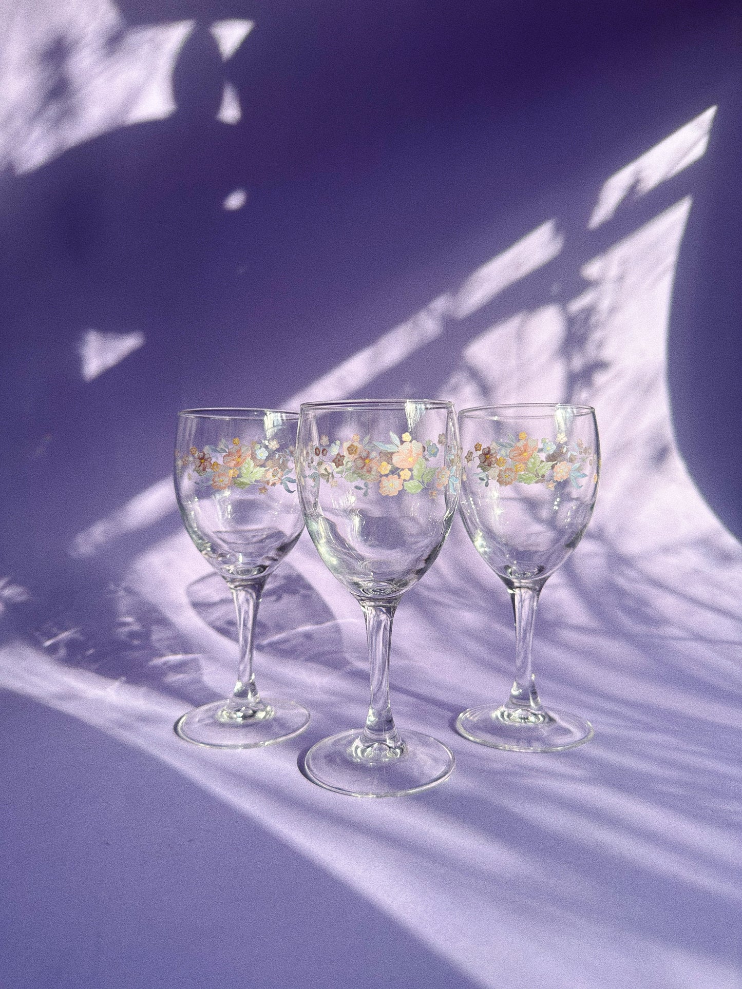 Set of 3 ‘90s Arcopal Floral Wine Glasses
