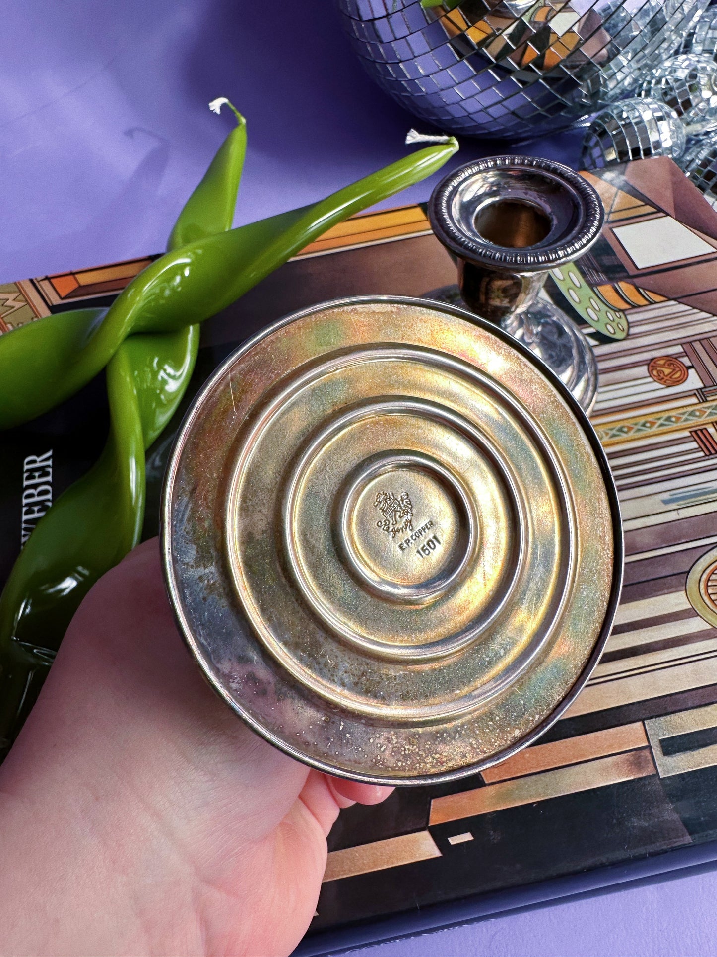 Vintage Pair 2 Birks Regency Silver Plate Candle Stick Holders E P Copper Patina