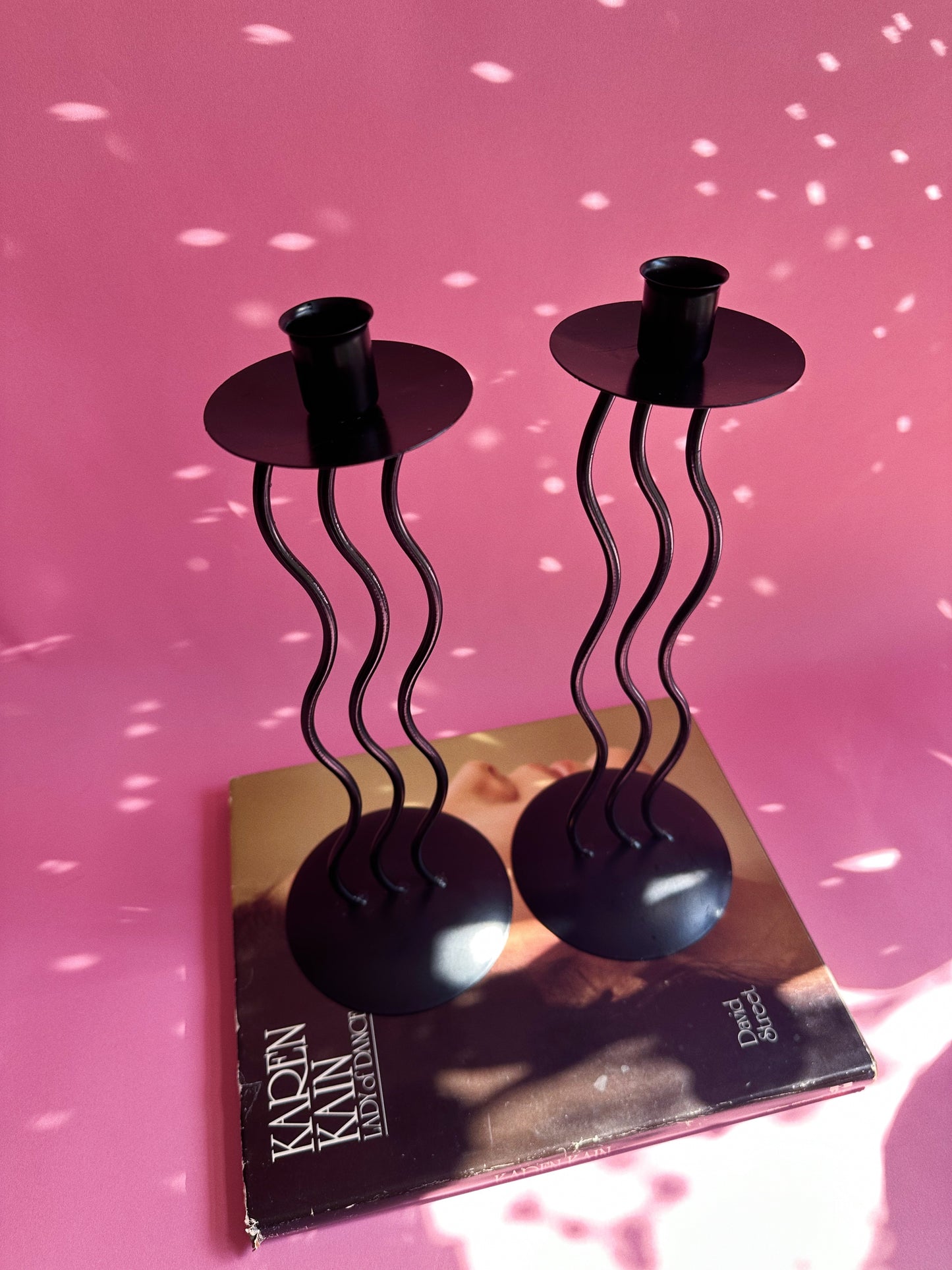 Vintage Post Modern Sculptural Squiggle Wrought Iron 1990s Memphis Candlesticks