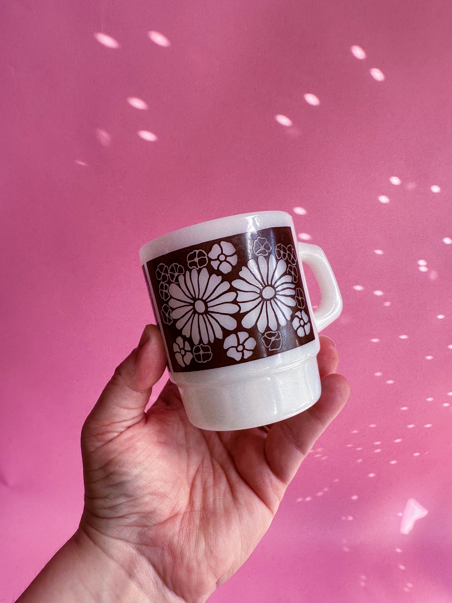 Vintage Brown Floral 70s Milk Glass Mug