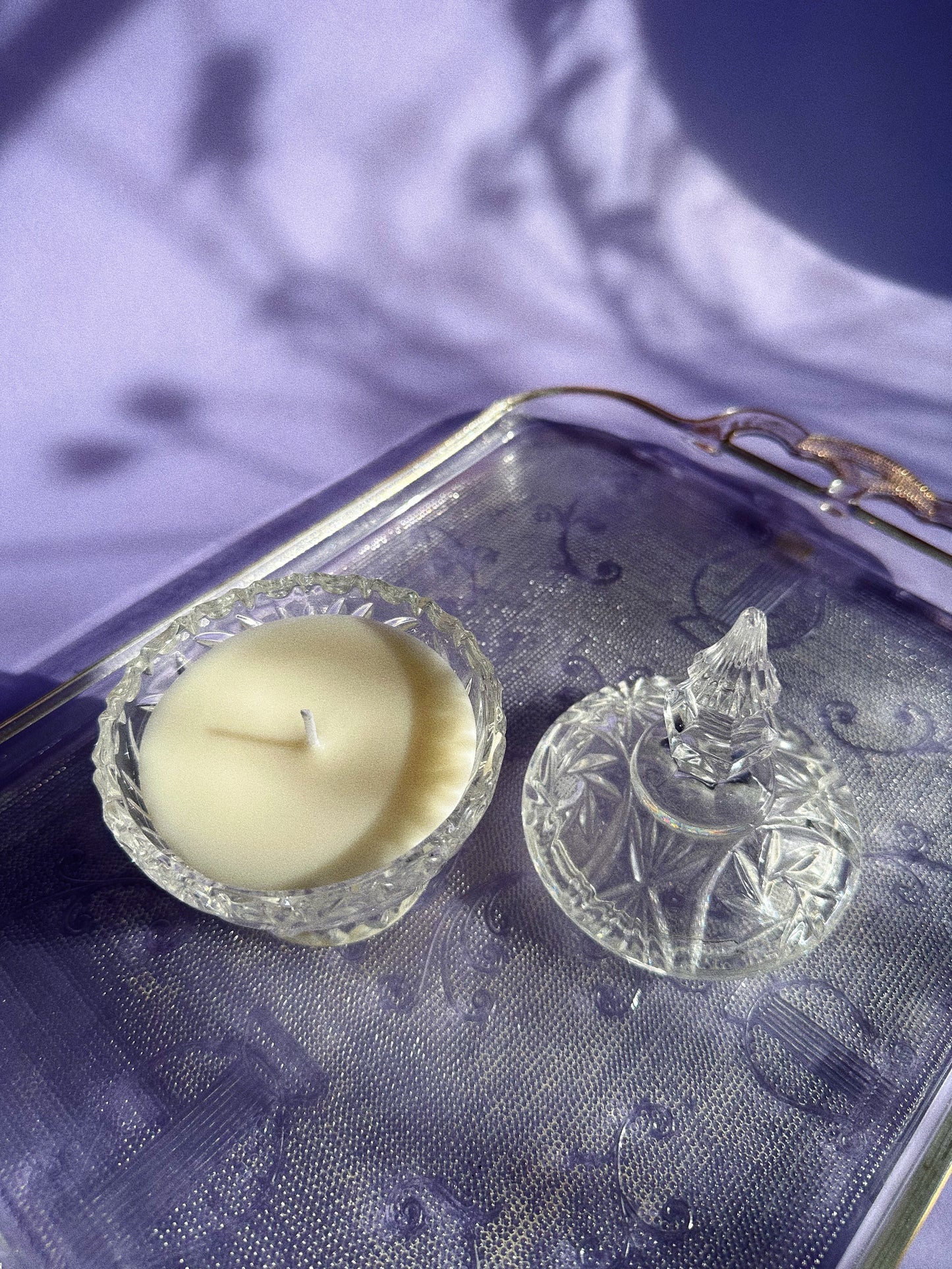 Vanilla Lavender Soy Candle in a Vintage Crystal Lidded Dish