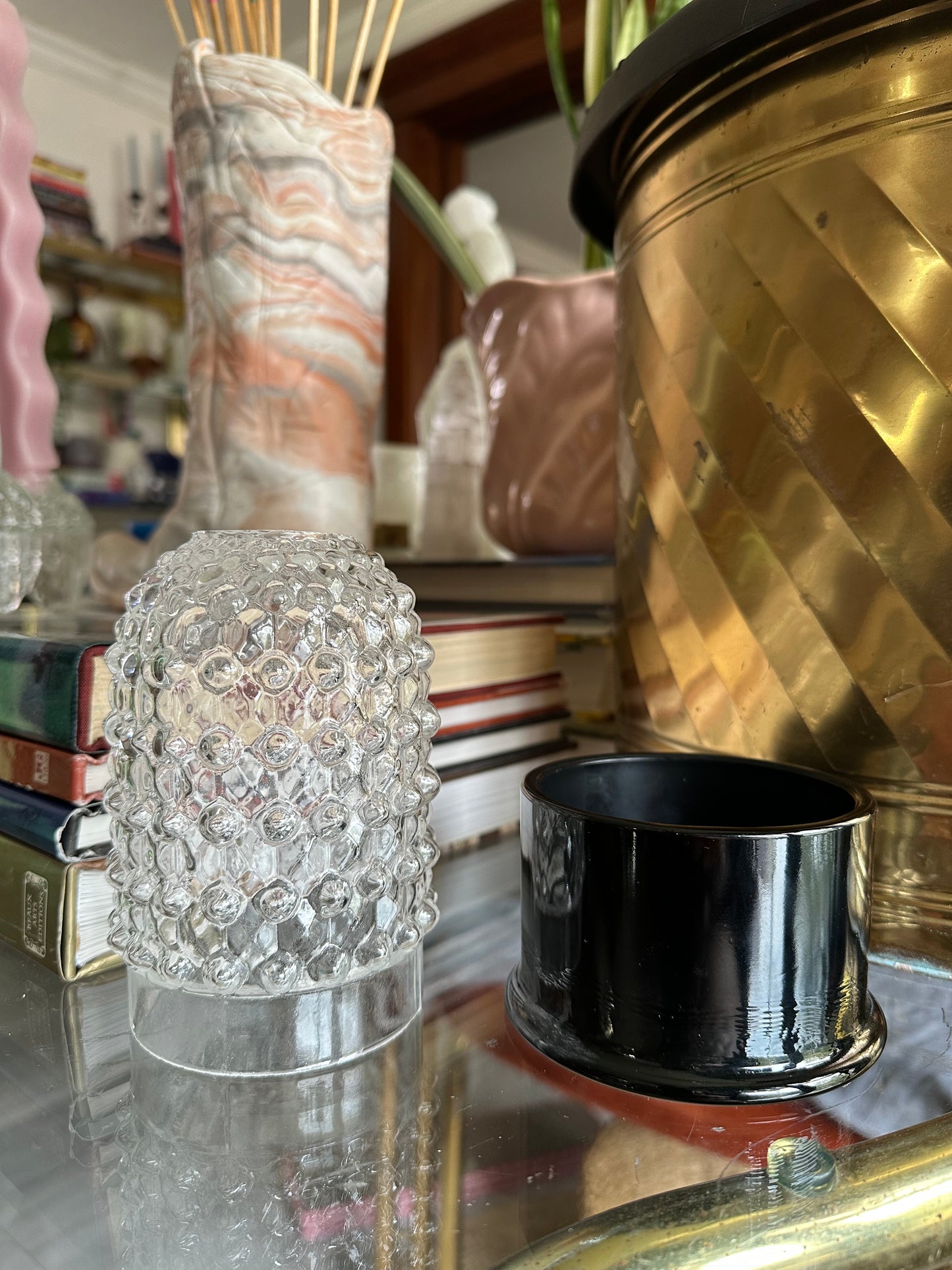 Mosser Hobnail Glass Courting Fairy Light Lamp with Black Glass Base