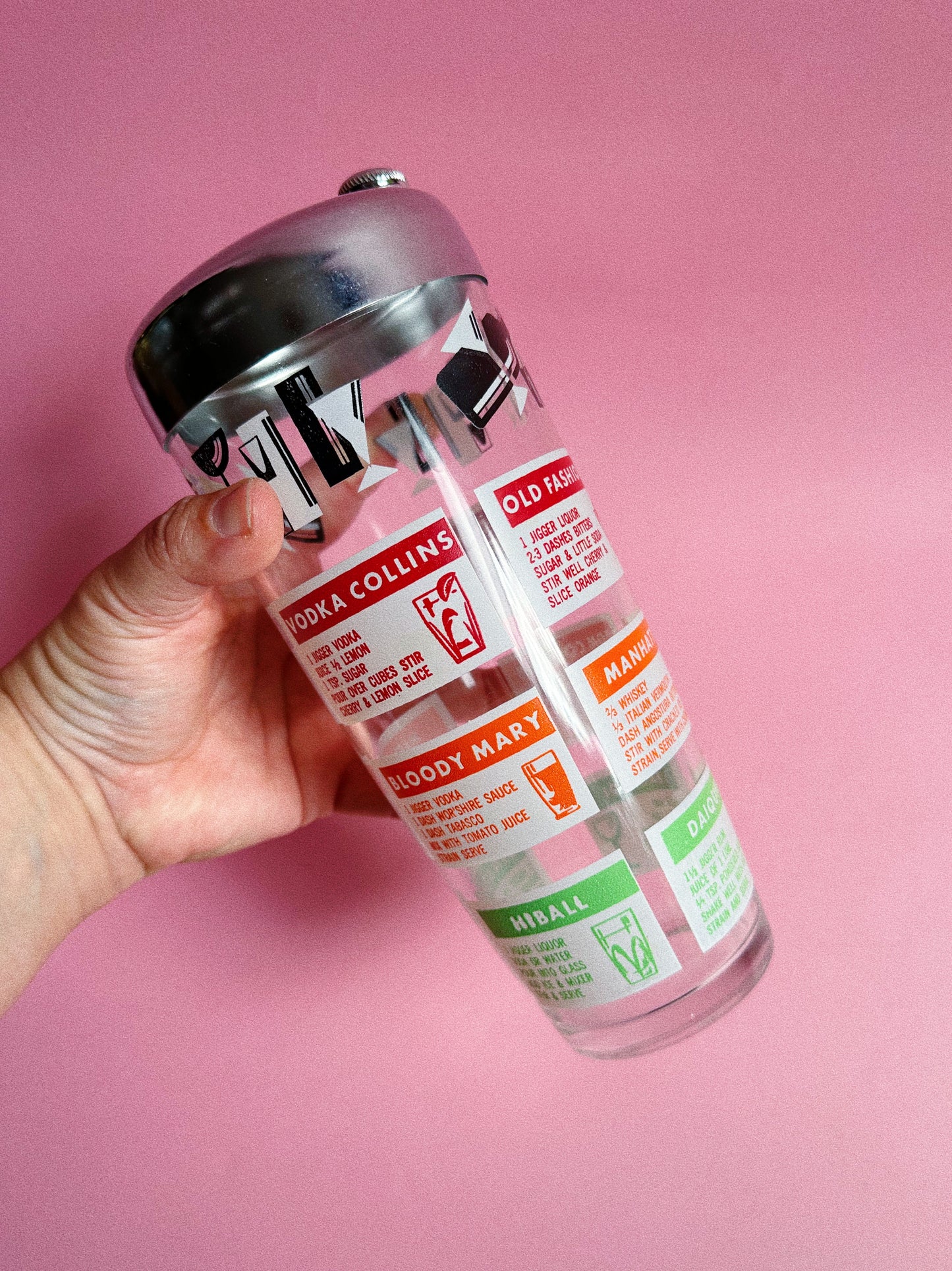 Vintage MCM Cocktail / Mocktail Mixer / Shaker with Printed Drink Recipes