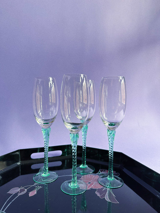 Set of 4 Twisted Teal Stemmed Champagne Flutes