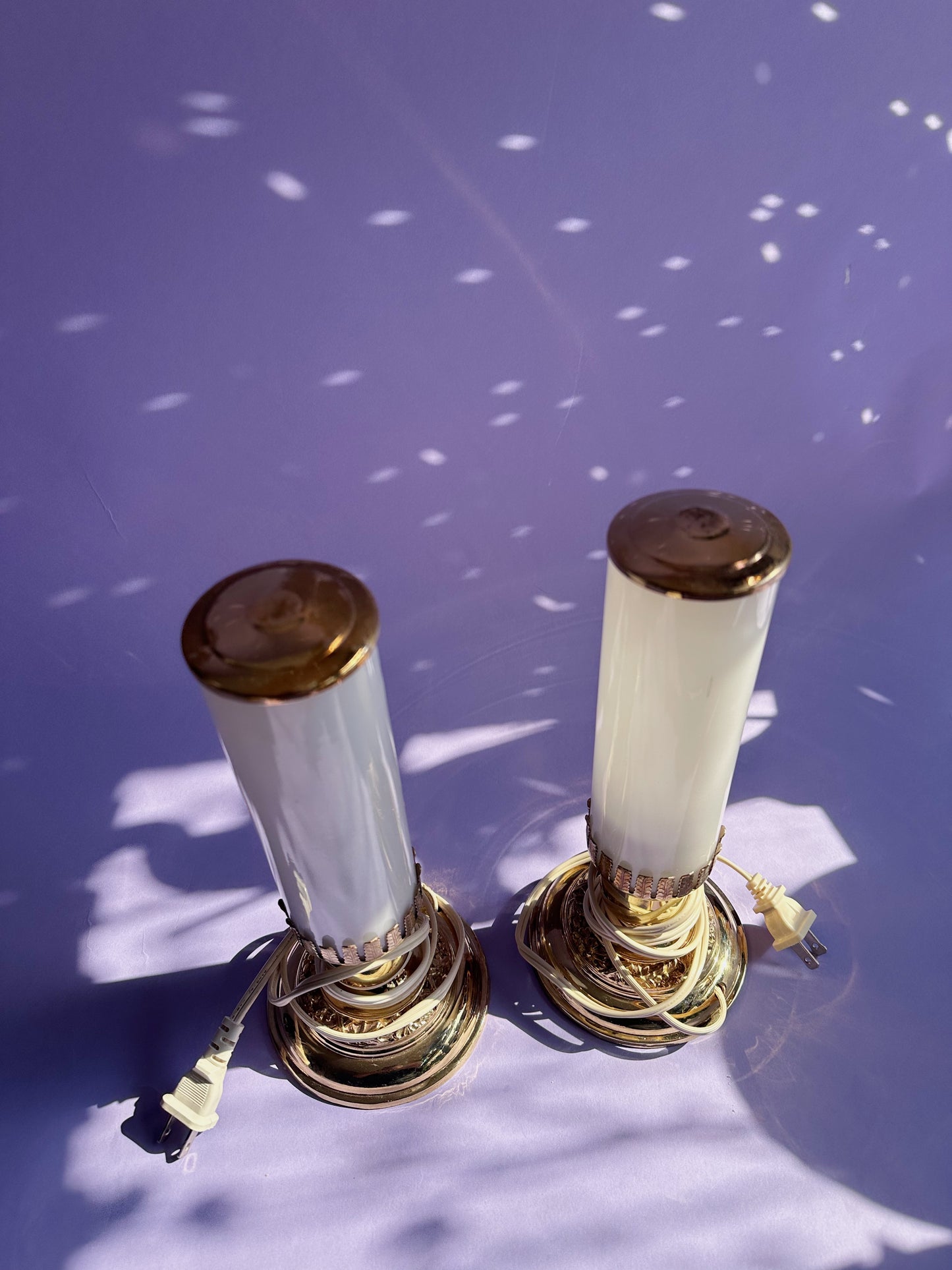 1930s Art Deco White Milk Glass Boudoir Skyscraper Silverware Table Lamps Rare