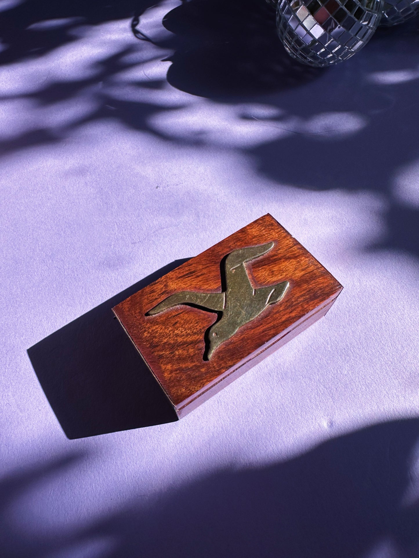 Wood & Brass Small Chest-Shaped Box With Brass Bird Inlay For Pills / Matches