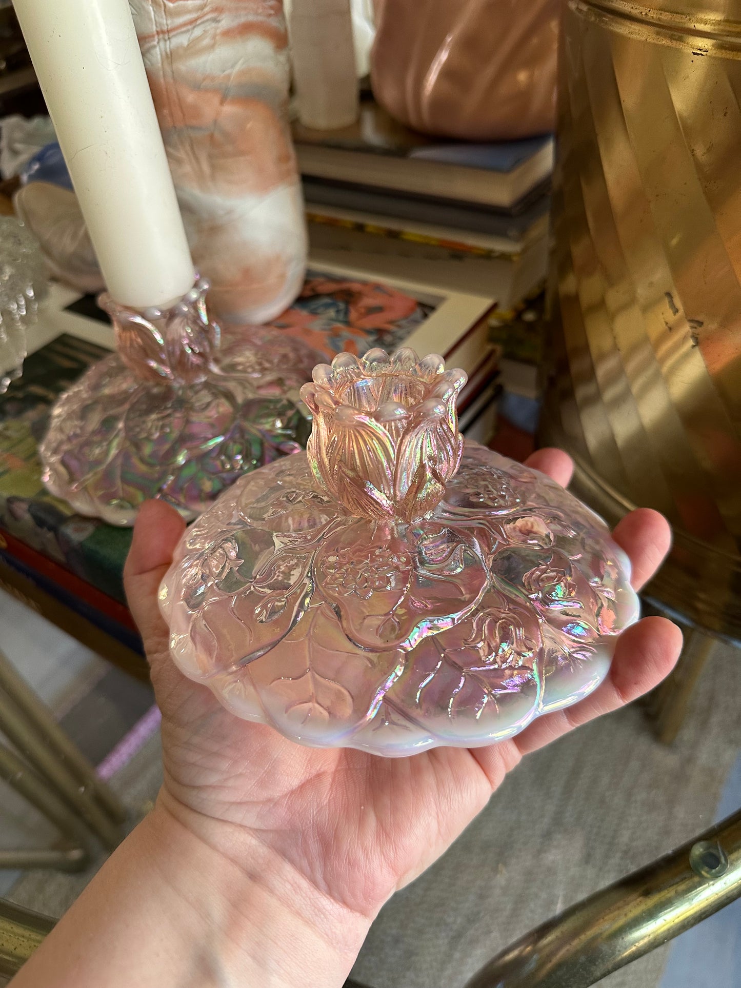 Vintage Fenton Pink Opalescent Carnival Glass Water Lilly Candlestick Holders