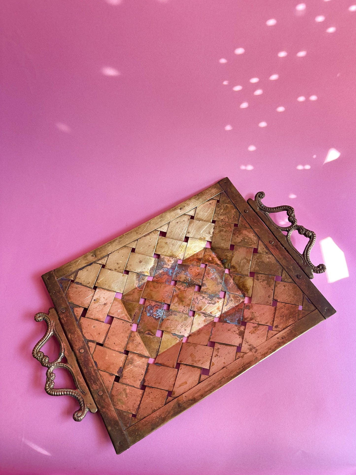Brass Basket Lattice Weave Handled Tray Hollywood Regency Decor Candle Holder