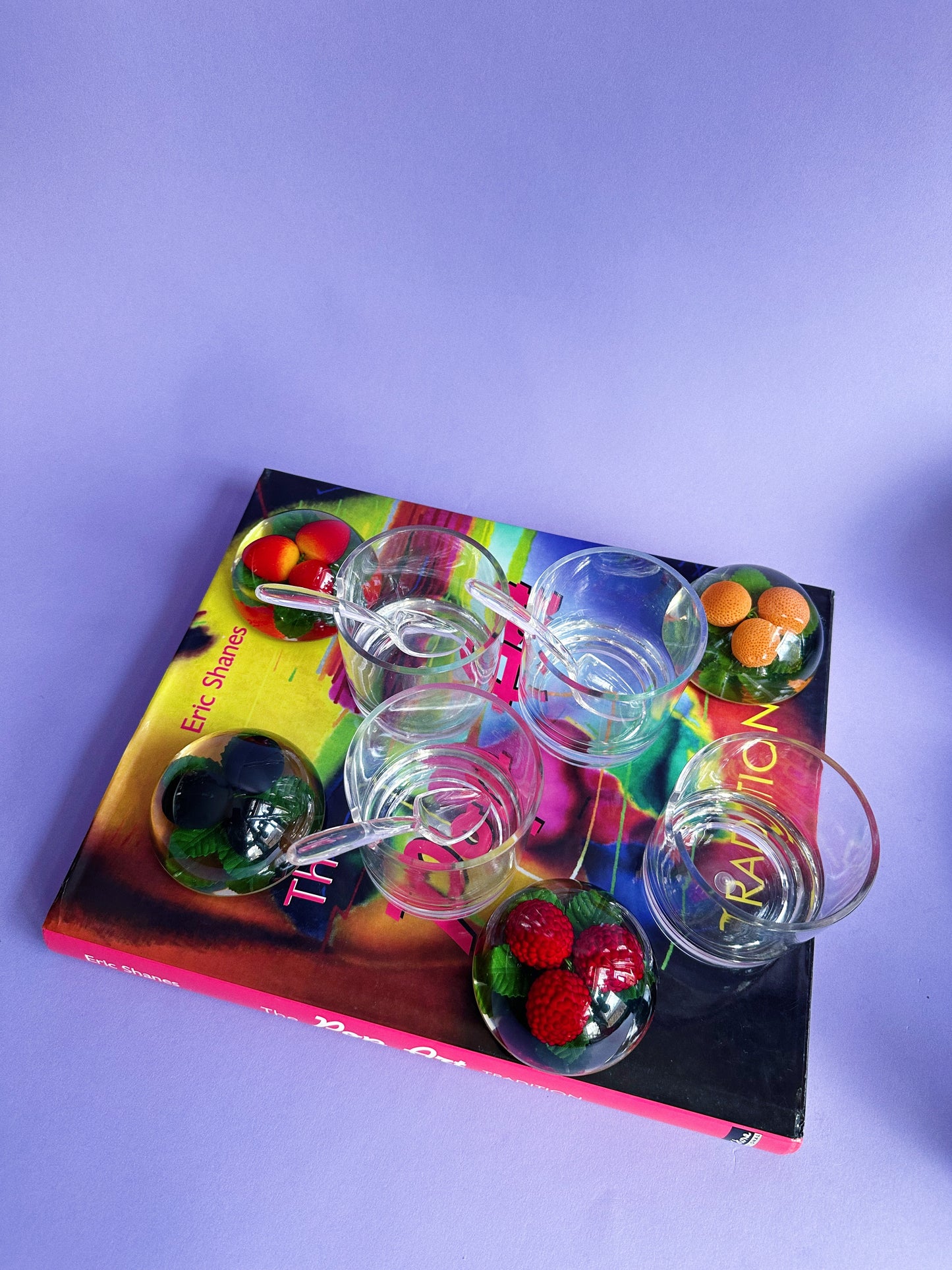 Vintage Set of 4 Lucite & Acrylic Jam Jars w/ 3 Spoons, Oranges and Berries