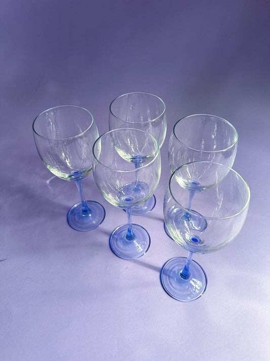 5 Luminarc Azur Blue Stem Wine Glasses Set Vintage 8" Elegant Crystal France