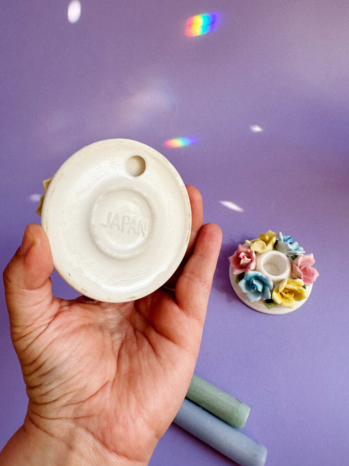 Vintage Taper Candle Holders Ceramic Flowers Pastel Japan Pink Blue Yellow