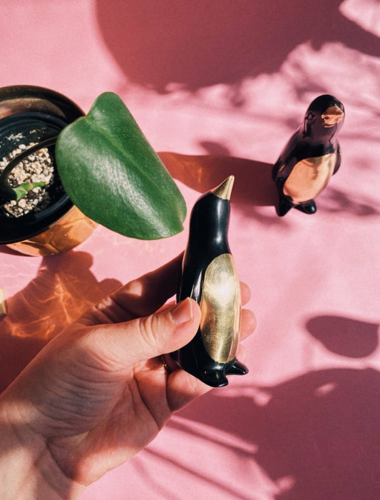 Vintage MCM Solid Brass & Enamel Penguin Figurines