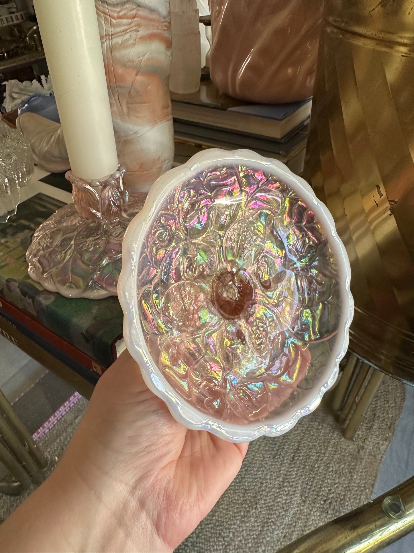 Vintage Fenton Pink Opalescent Carnival Glass Water Lilly Candlestick Holders