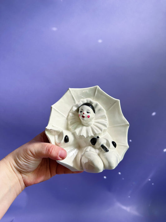 Vintage Porcelain Pierrot Clown Figurine Holding Umbrella Handpainted
