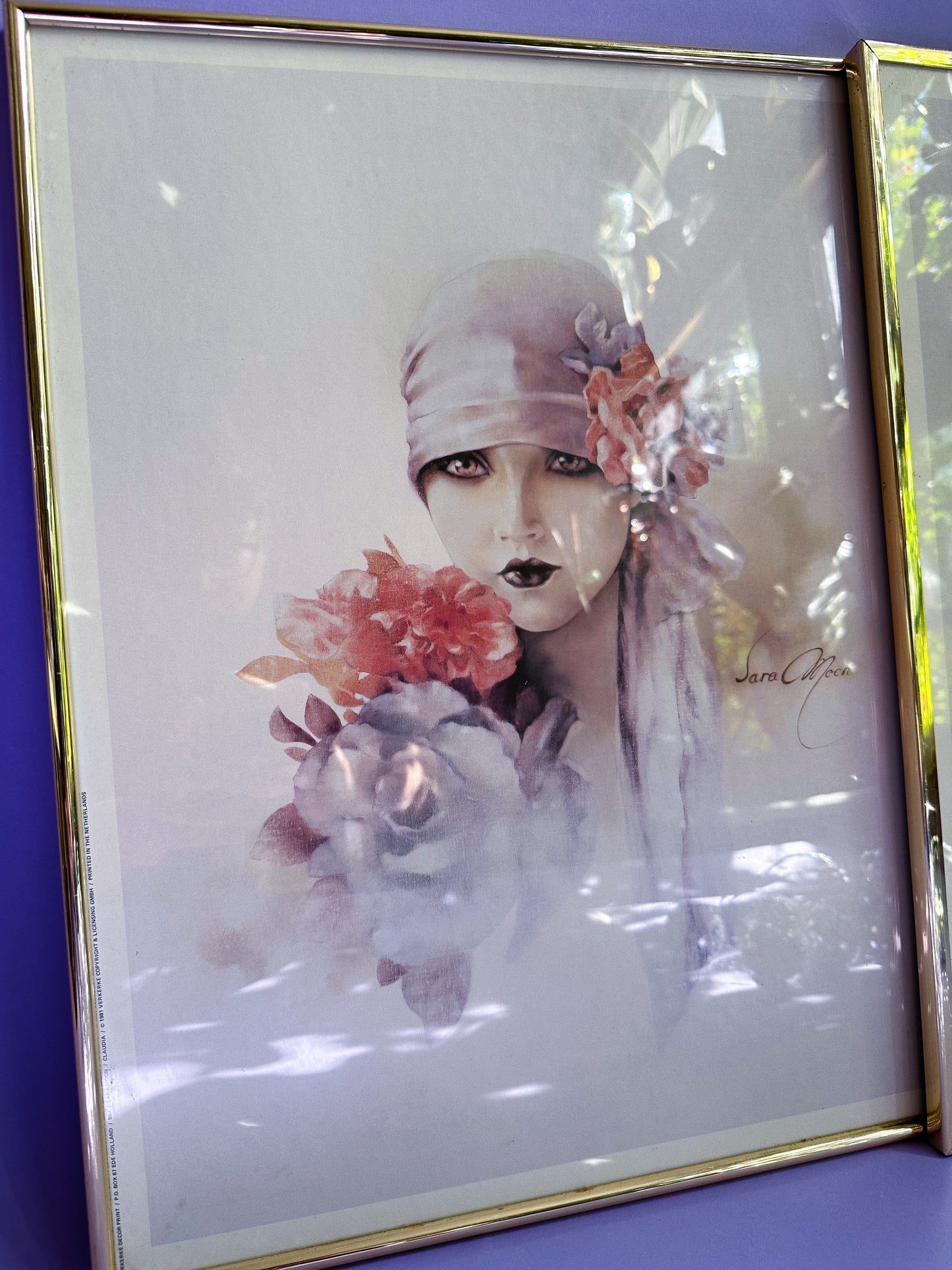 Vintage 80s Sara Moon “Claudia” & “Sara” Brass Framed Lithograph Prints