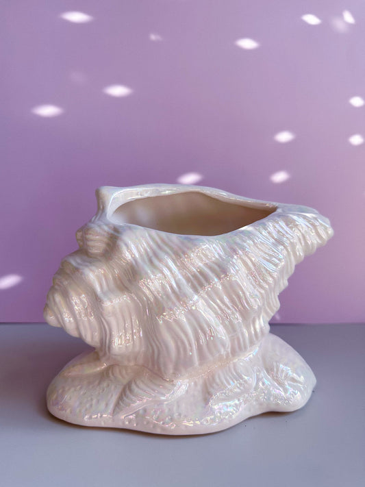 Vintage Iridescent White Ceramic Conch / Seashell Planter
