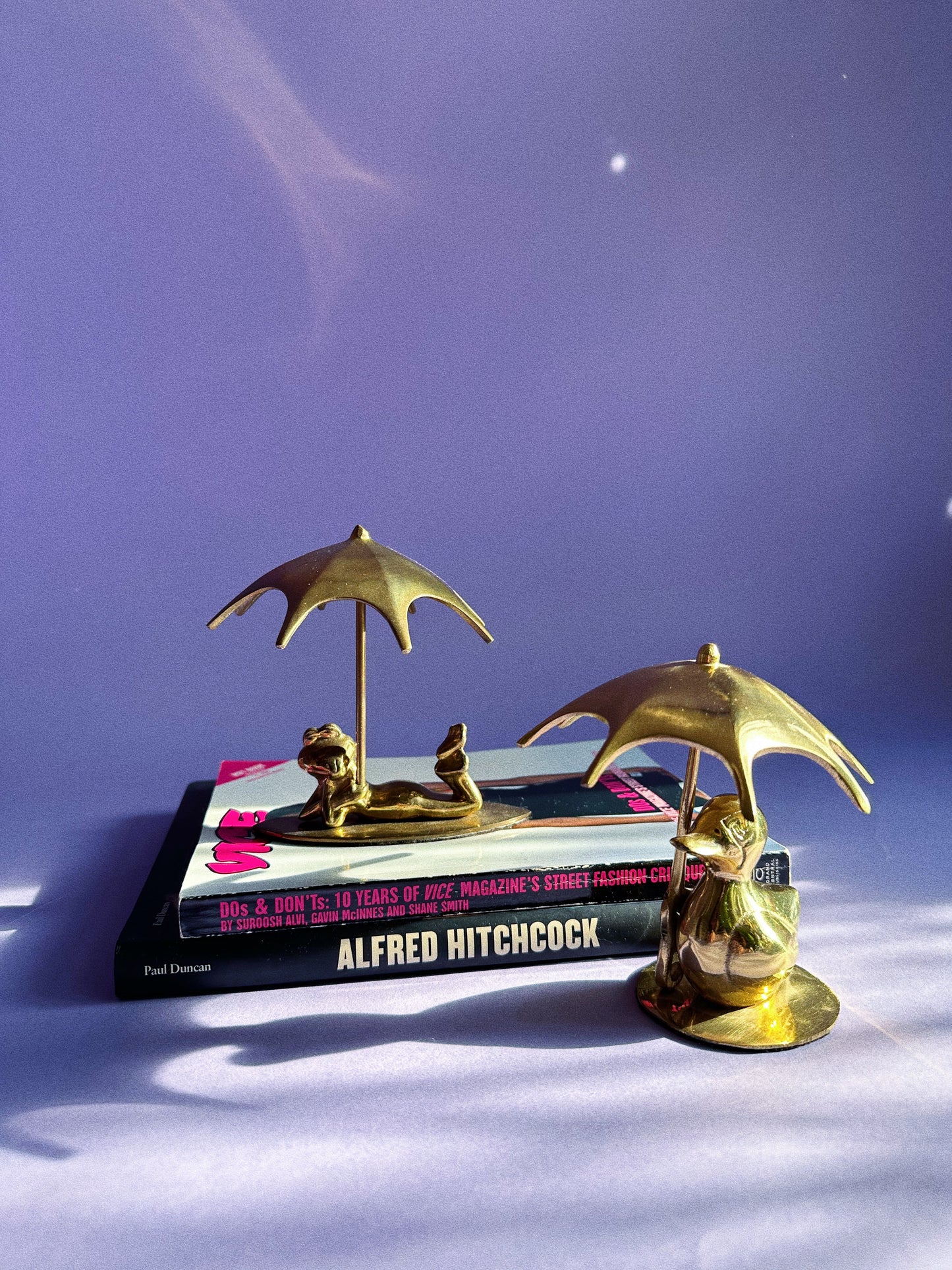 Vintage Brass Duck & Frog w/ Umbrella Sculptures