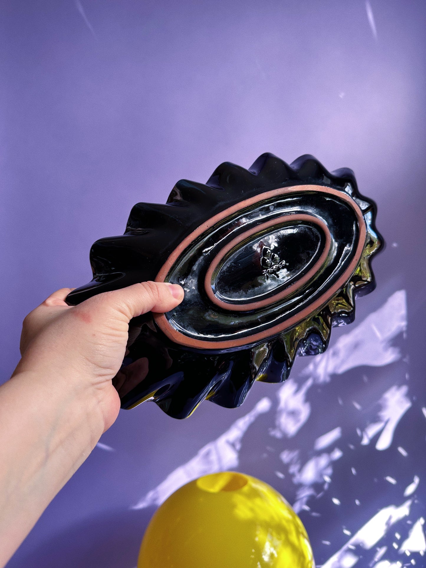 Artisan Made Blue Mountain Pottery Ruffled Dish Blue Dripped Glaze