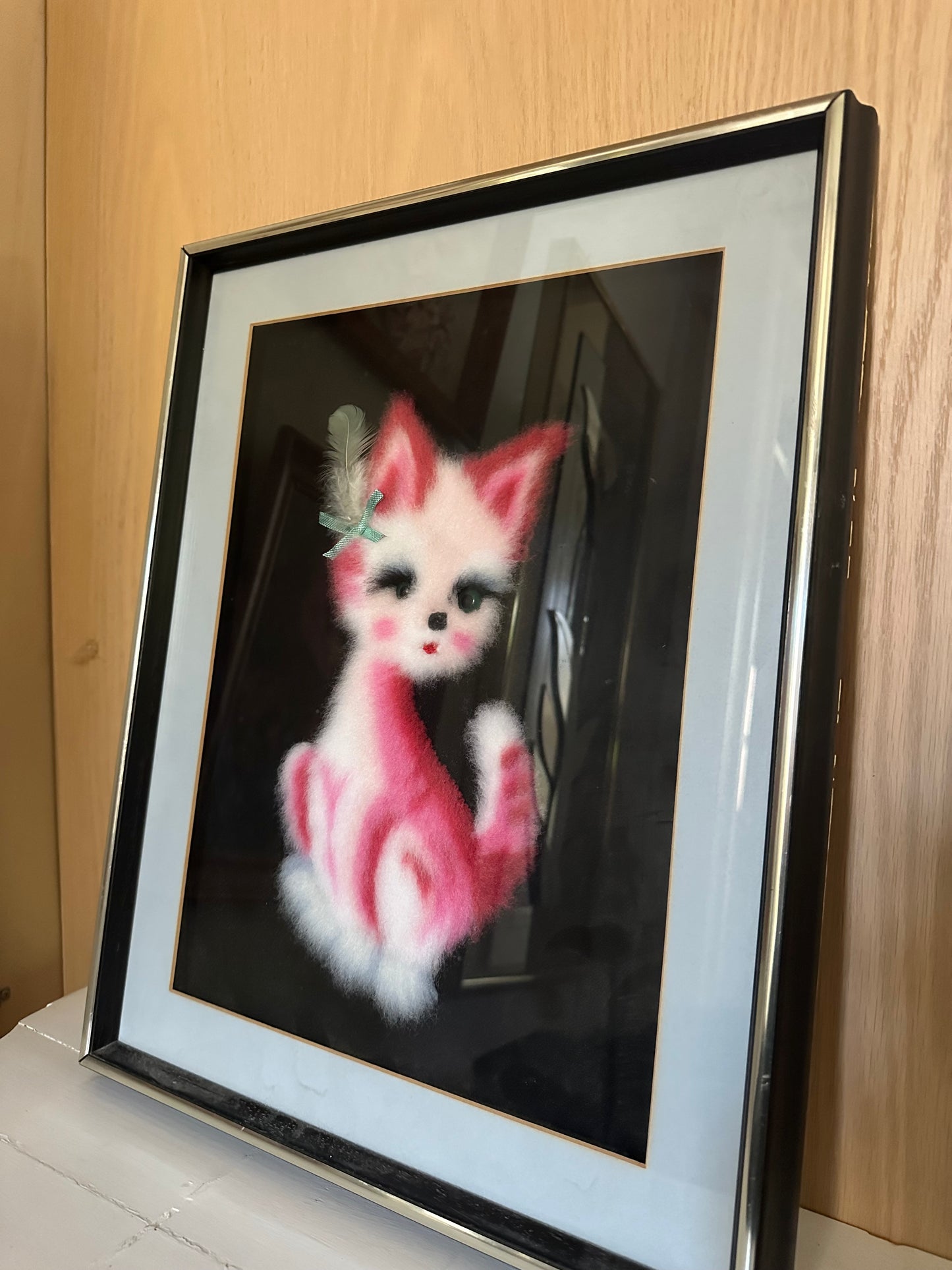 Vintage Japanese Matsuhato Bunka Punch Embroidery Pink Cat Framed