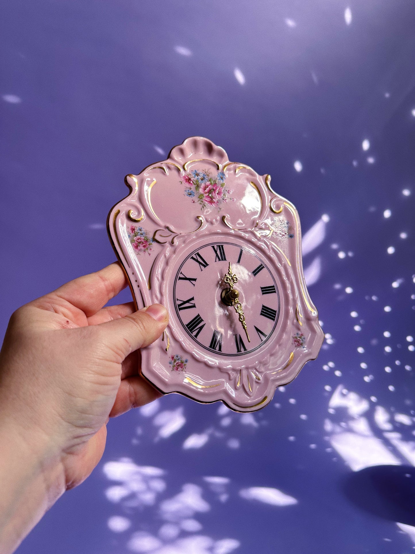 Vintage Czech Elegant Pink Porcelain Floral Wall Clock