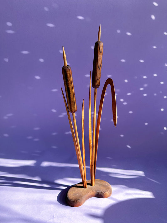 Decorative Vintage MCM Cattail Wooden Decor Handcarved