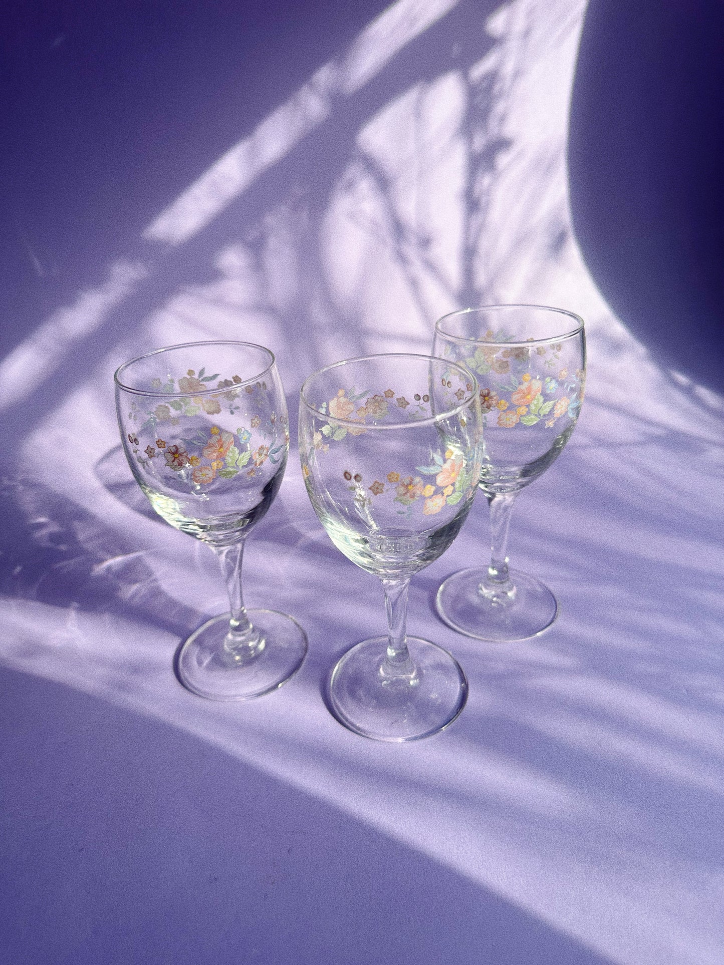 Set of 3 ‘90s Arcopal Floral Wine Glasses