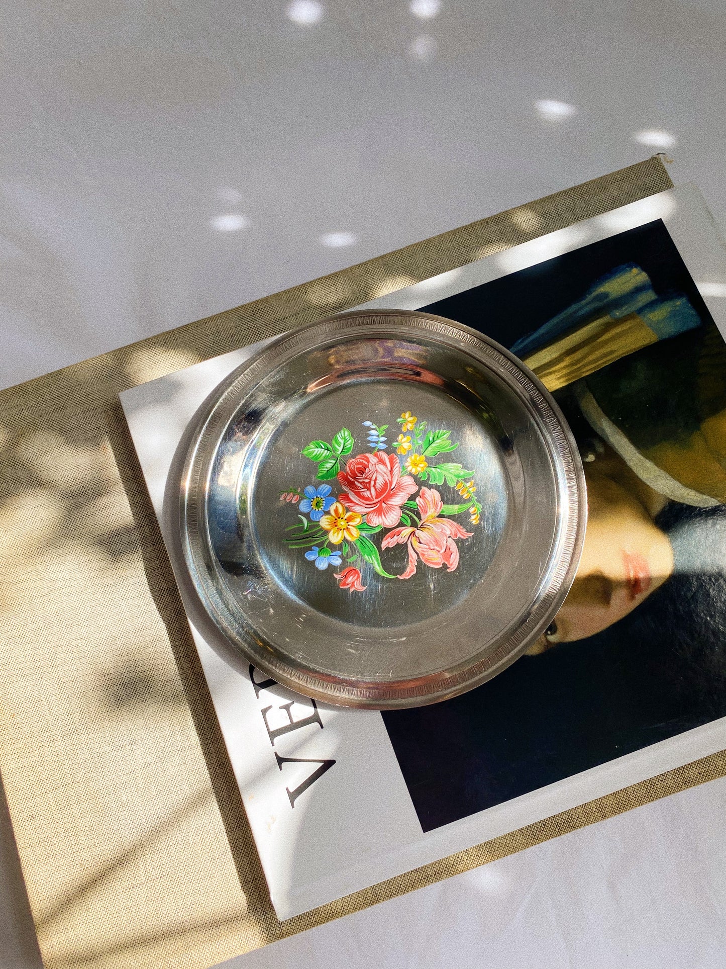 Vintage Stainless Steel Floral Plate