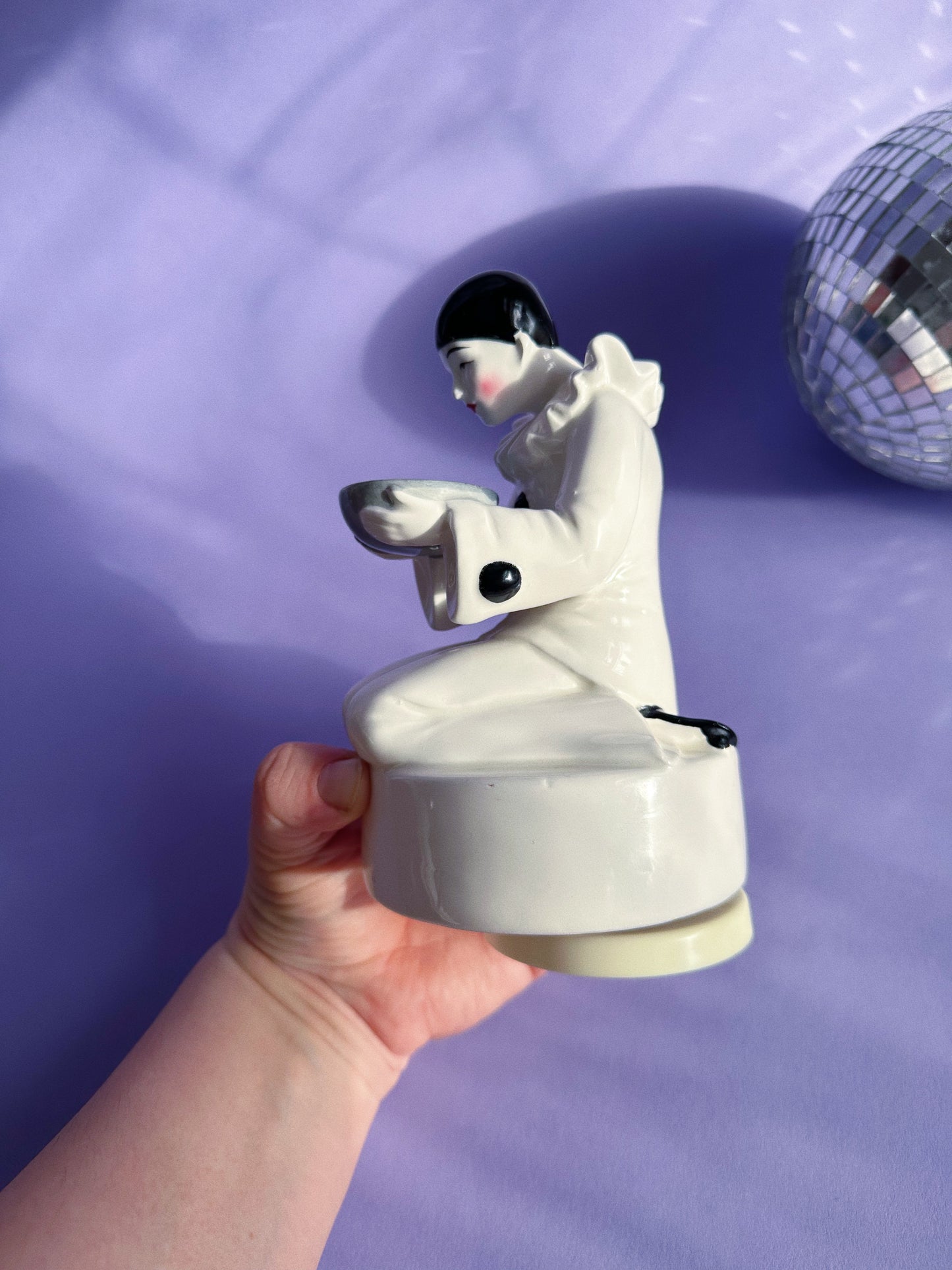 Vintage Spinning Porcelain Clown Pierrot Mime w Bowl 1980s Hand Painted Figurine