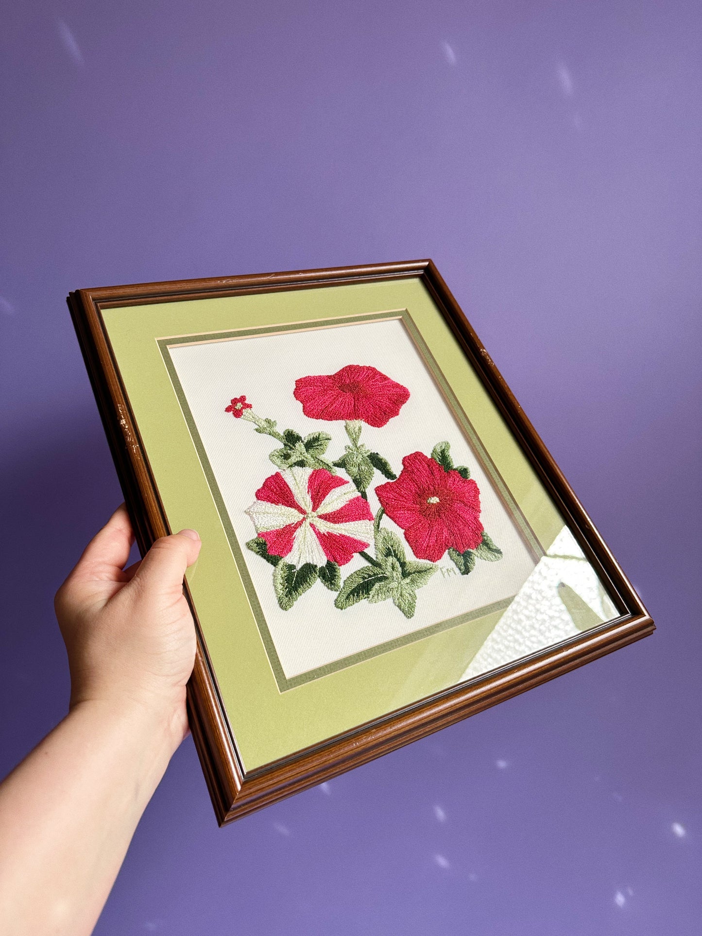 Vintage Pair of Japanese Red Floral Framed Crewel