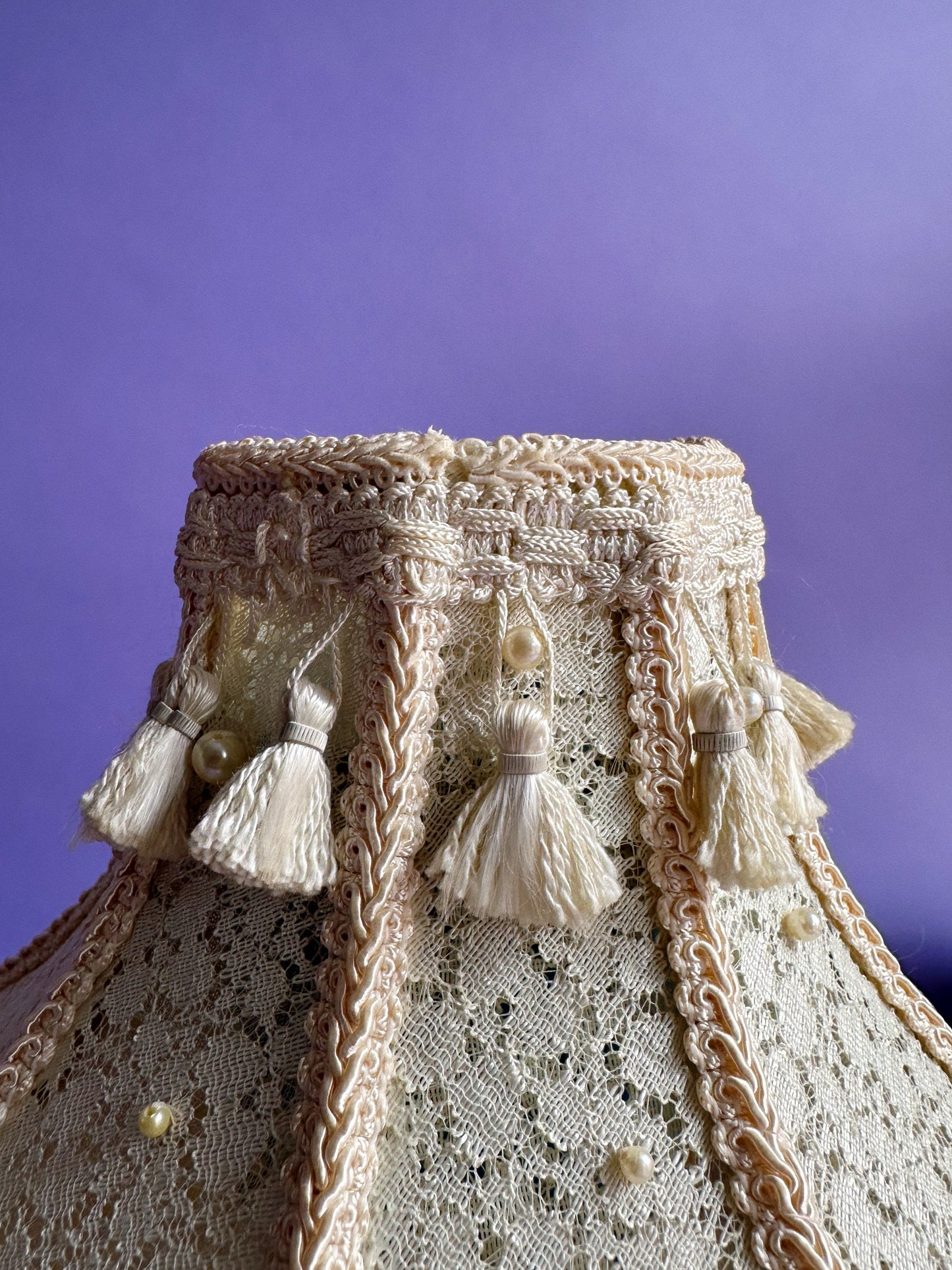 Vintage Boudoir Table Lamp Shade Ivory Cream Fringe Scallop Pearls Tassel