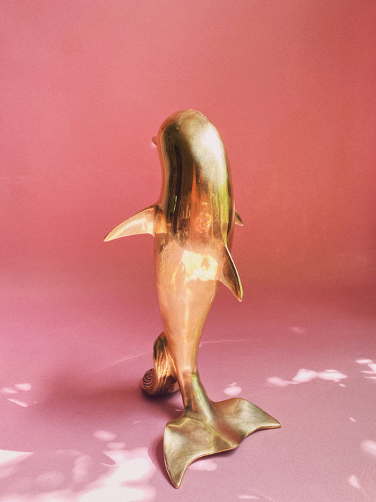 Large Vintage MCM Solid Brass Dolphin Sculpture