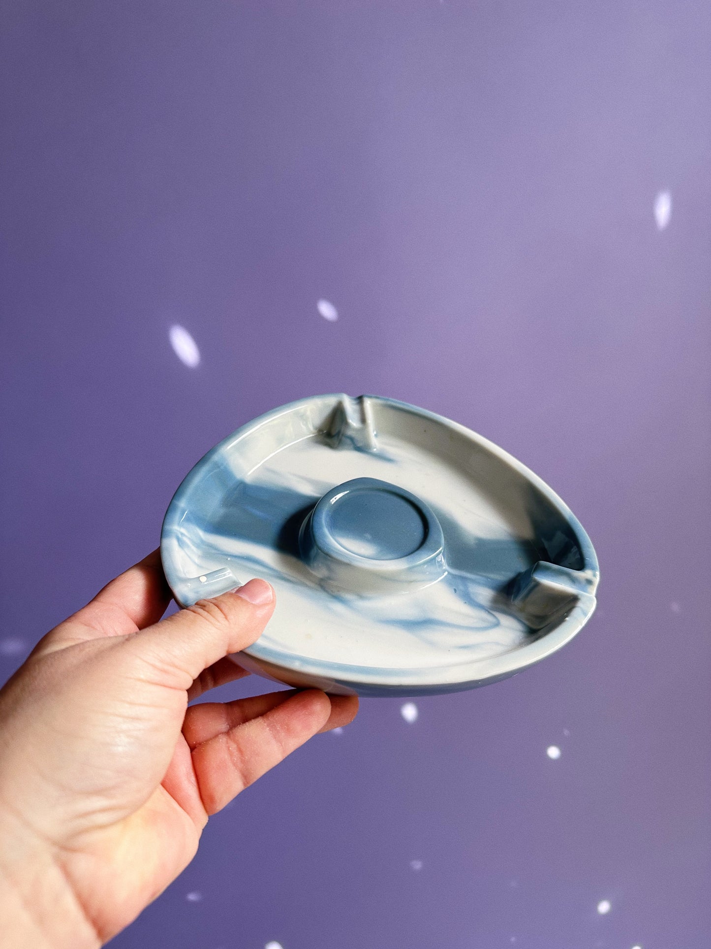 Vintage Glazed Ceramic Marbled Blue & White Ashtray / Throw Dish
