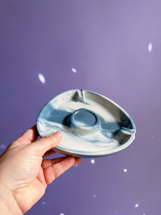 Vintage Glazed Ceramic Marbled Blue & White Ashtray / Throw Dish