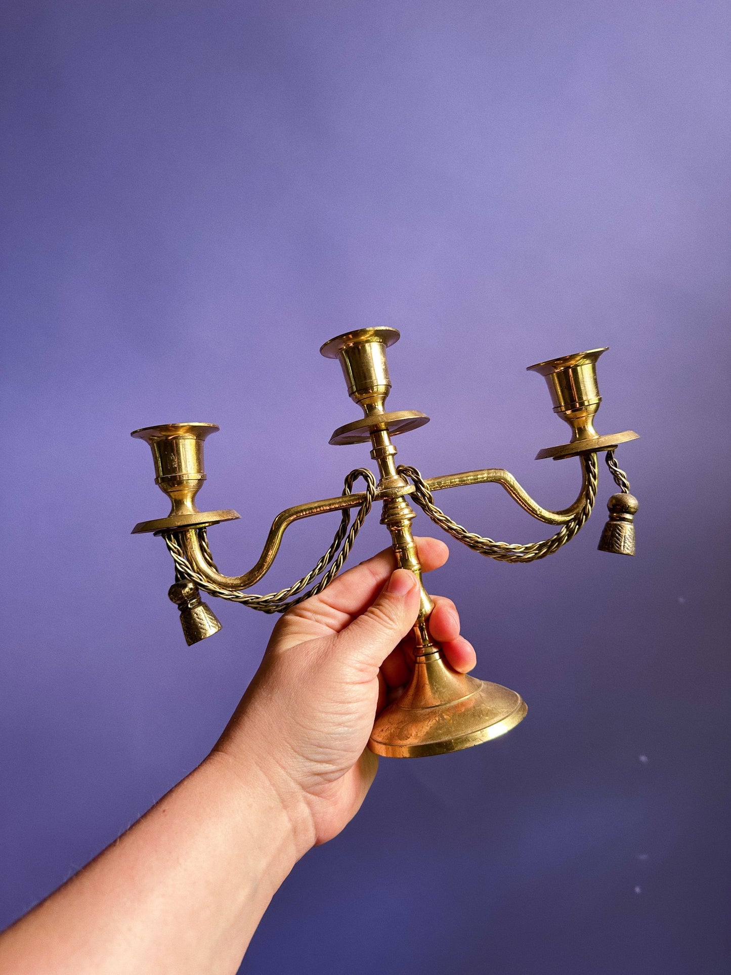 Pair Of Vintage Brass 3 Arm Candelabra Candles Braided Rope Goth Victorian