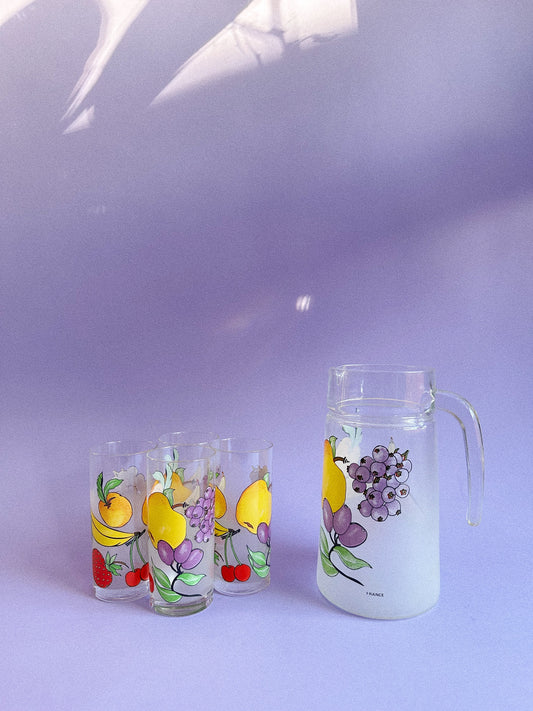Vintage 1980 France Glass Juice Pitcher & 4 Glasses Frosted Colorful Fruit Retro