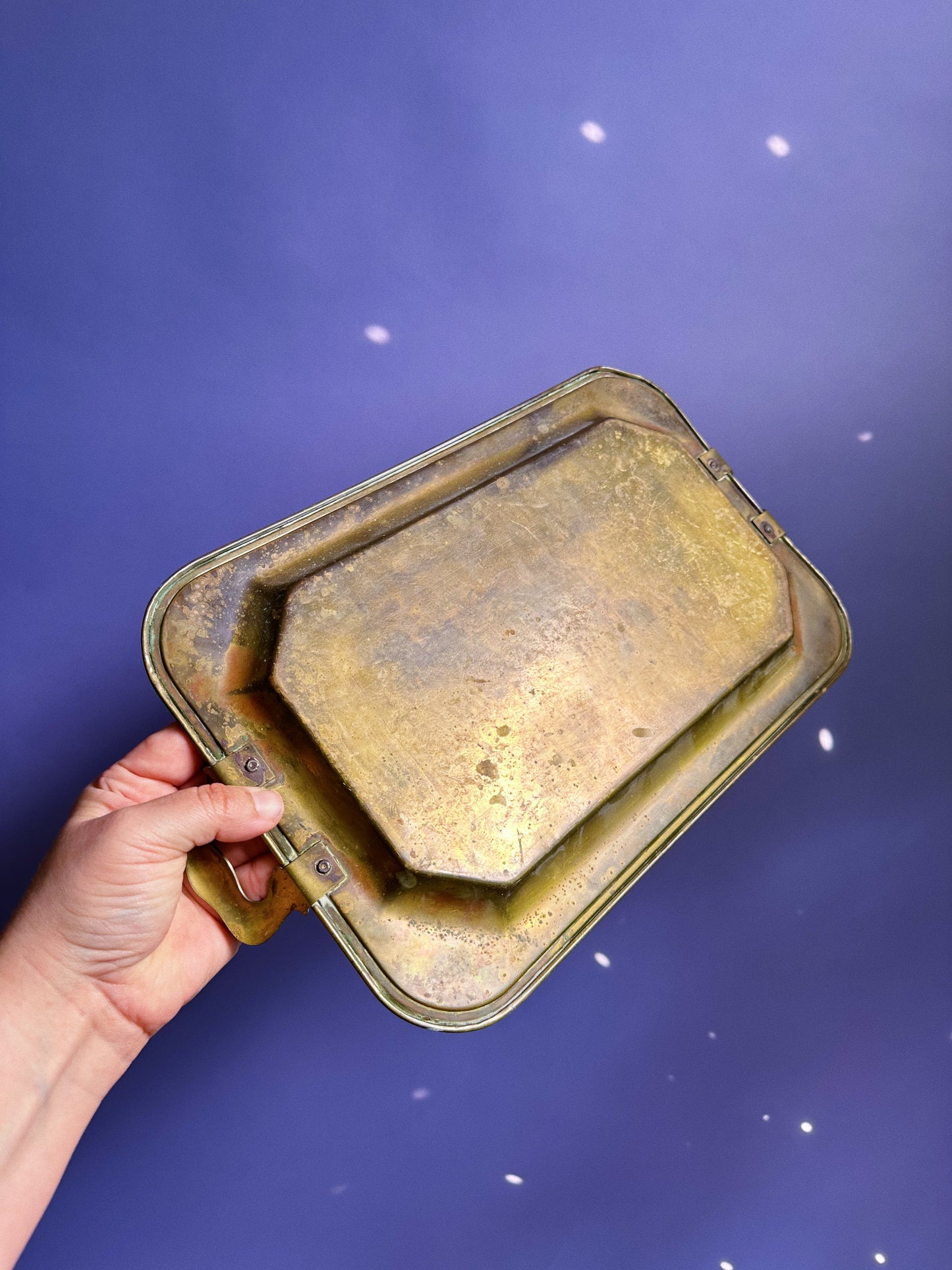 Antique Patina Brass Tea Tray Etched Dutch Girl Scene With Handles