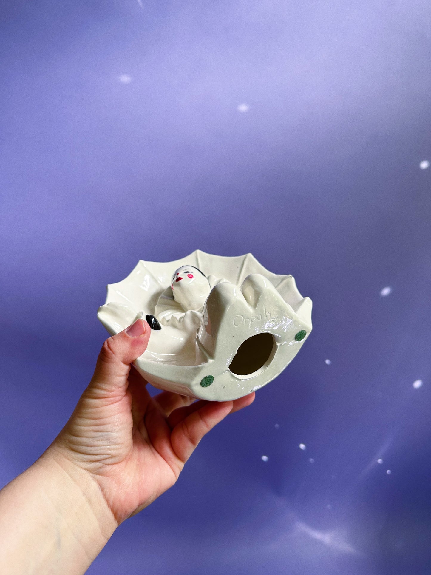 Vintage Porcelain Pierrot Clown Figurine Holding Umbrella Handpainted