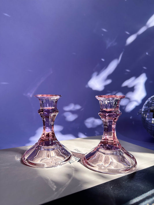 Pair Of Vintage Purple Amethyst Depression Glass Candlestick Candle Holders