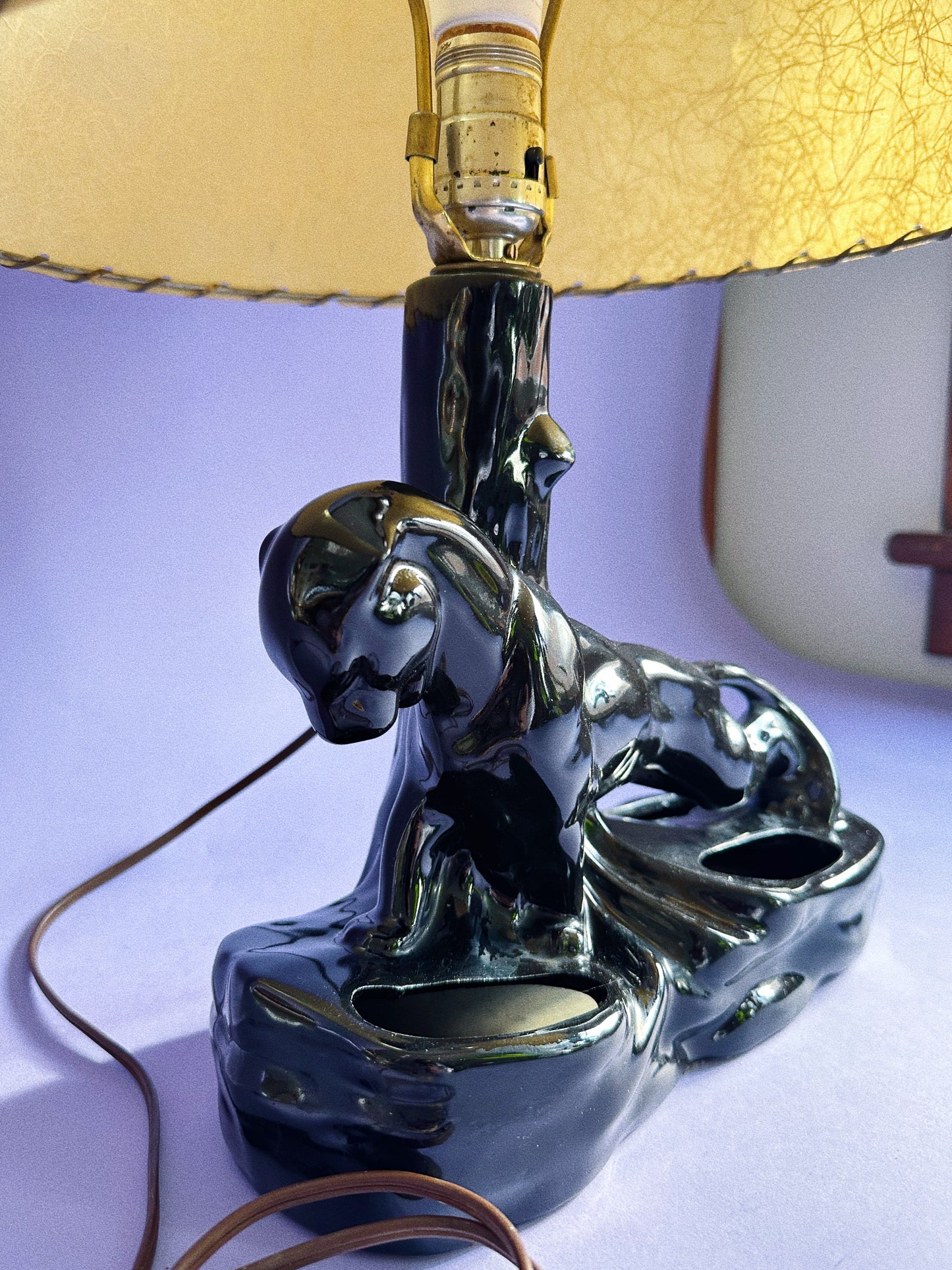 Vintage Mid-Century Modern Black Panther / Leopard TV Lamp w/ Fiberglass Shade