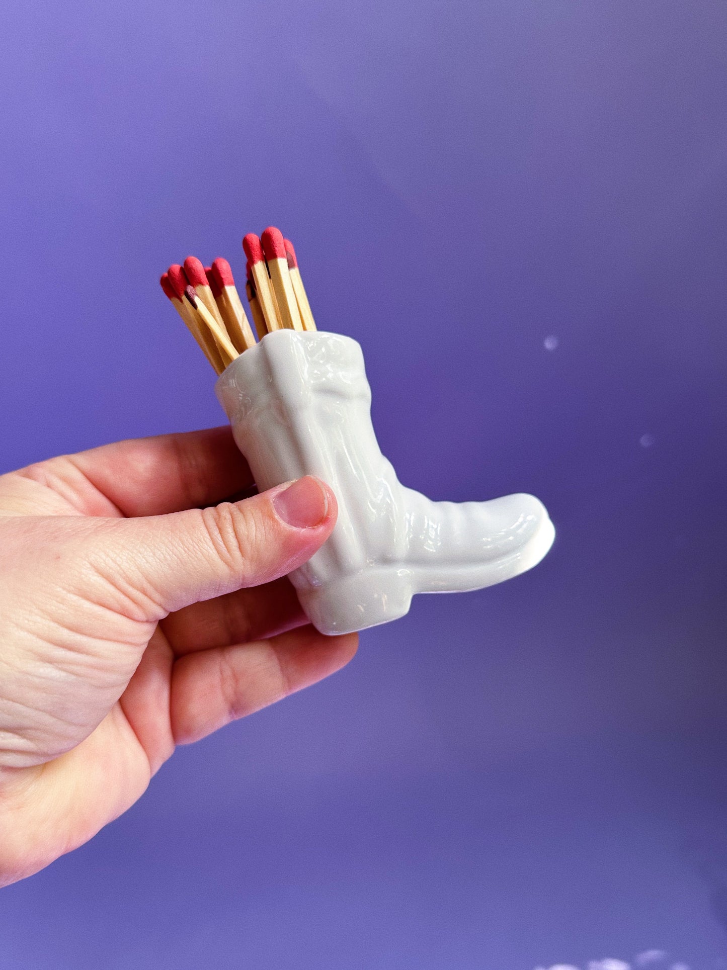 Ceramic White Match Holder Cowboy Boot w/ Striking Heel