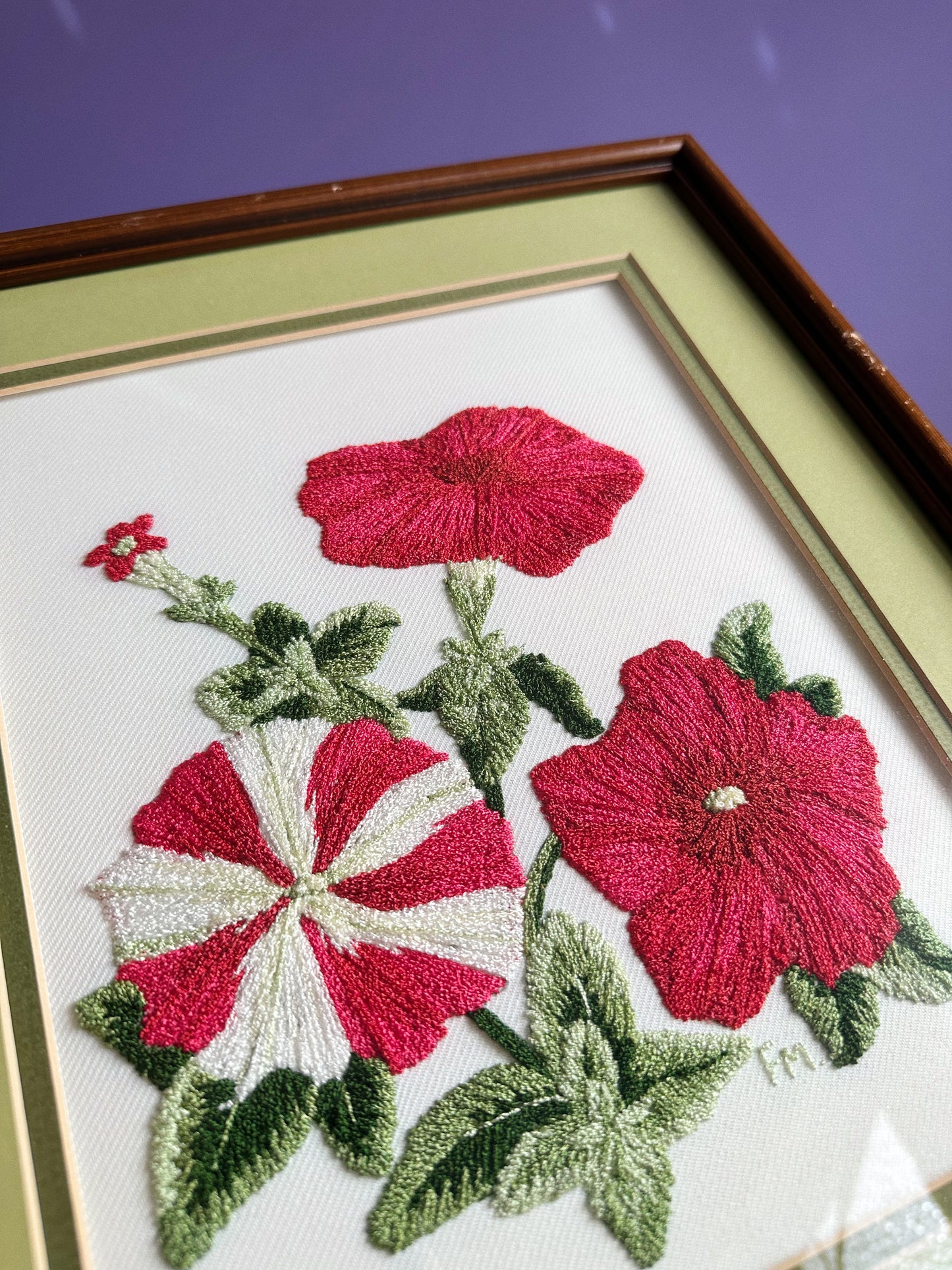 Vintage Pair of Japanese Red Floral Framed Crewel