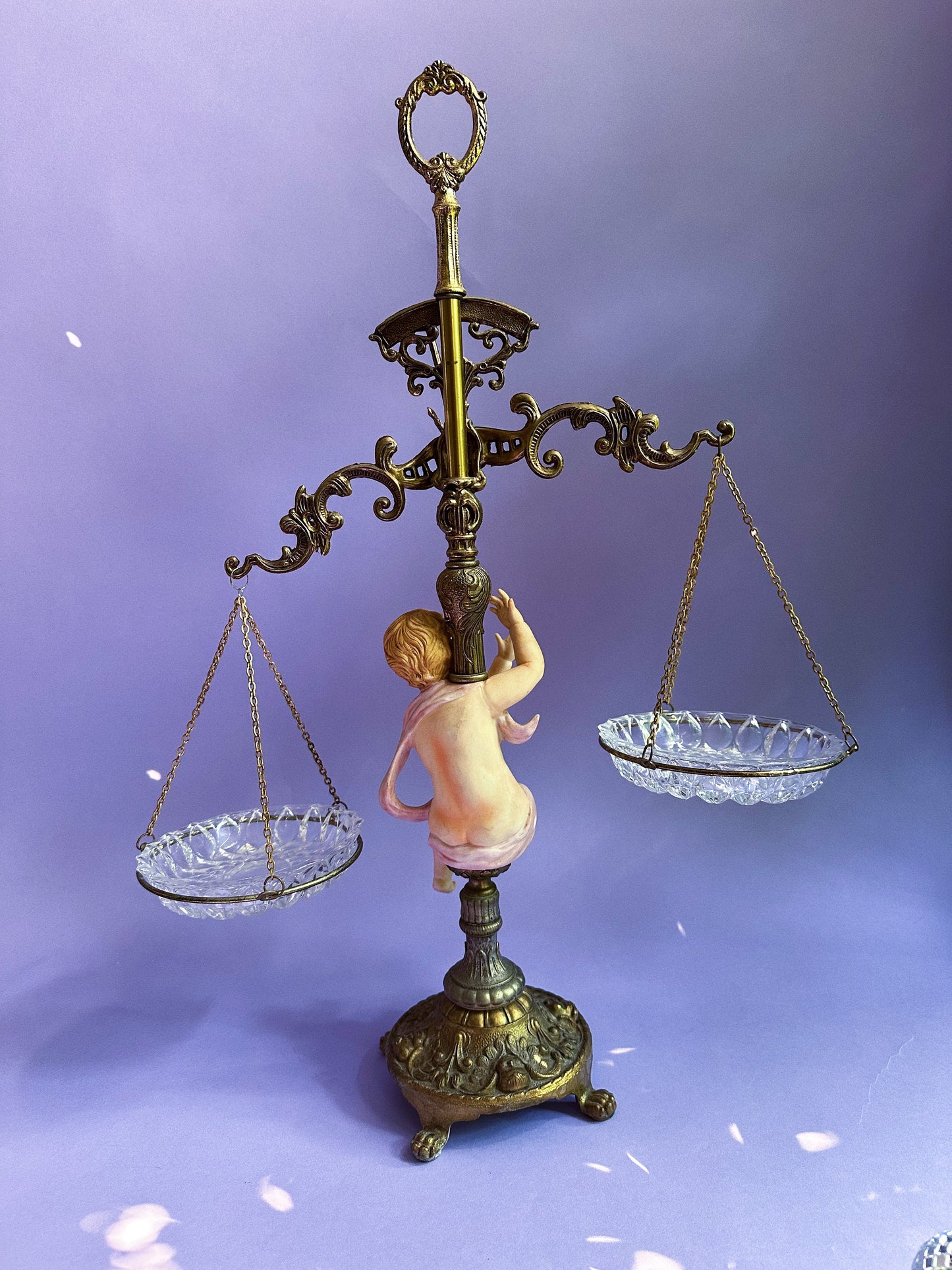 Vintage Large Brass Crystal Prisms Balance-Scales of Justice 24.5”H Cherub