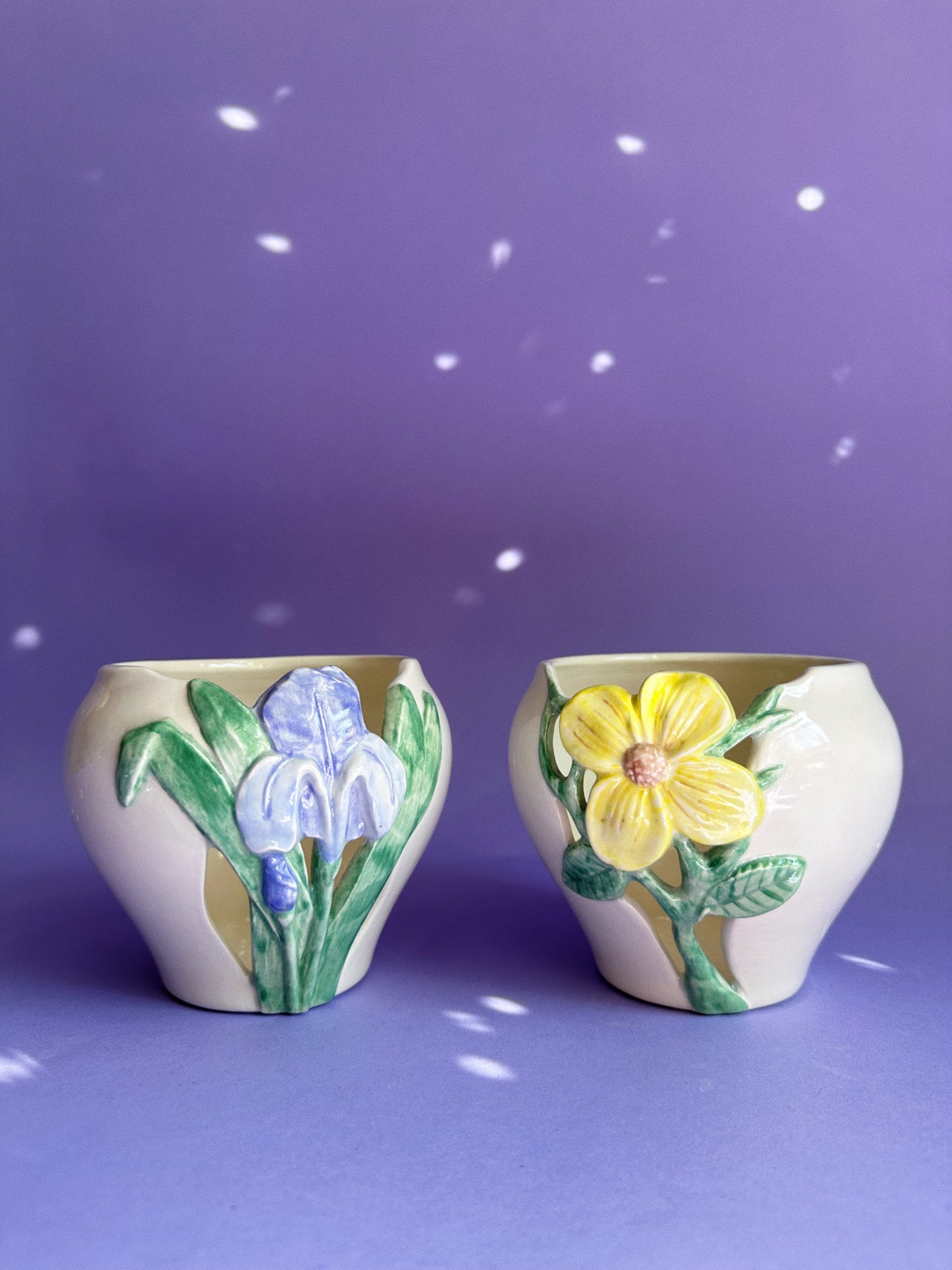 Pair of Y2K Glazed Ceramic Floral Cache Pots / Planters