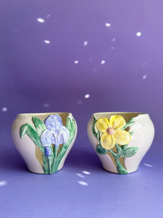 Pair of Y2K Glazed Ceramic Floral Cache Pots / Planters