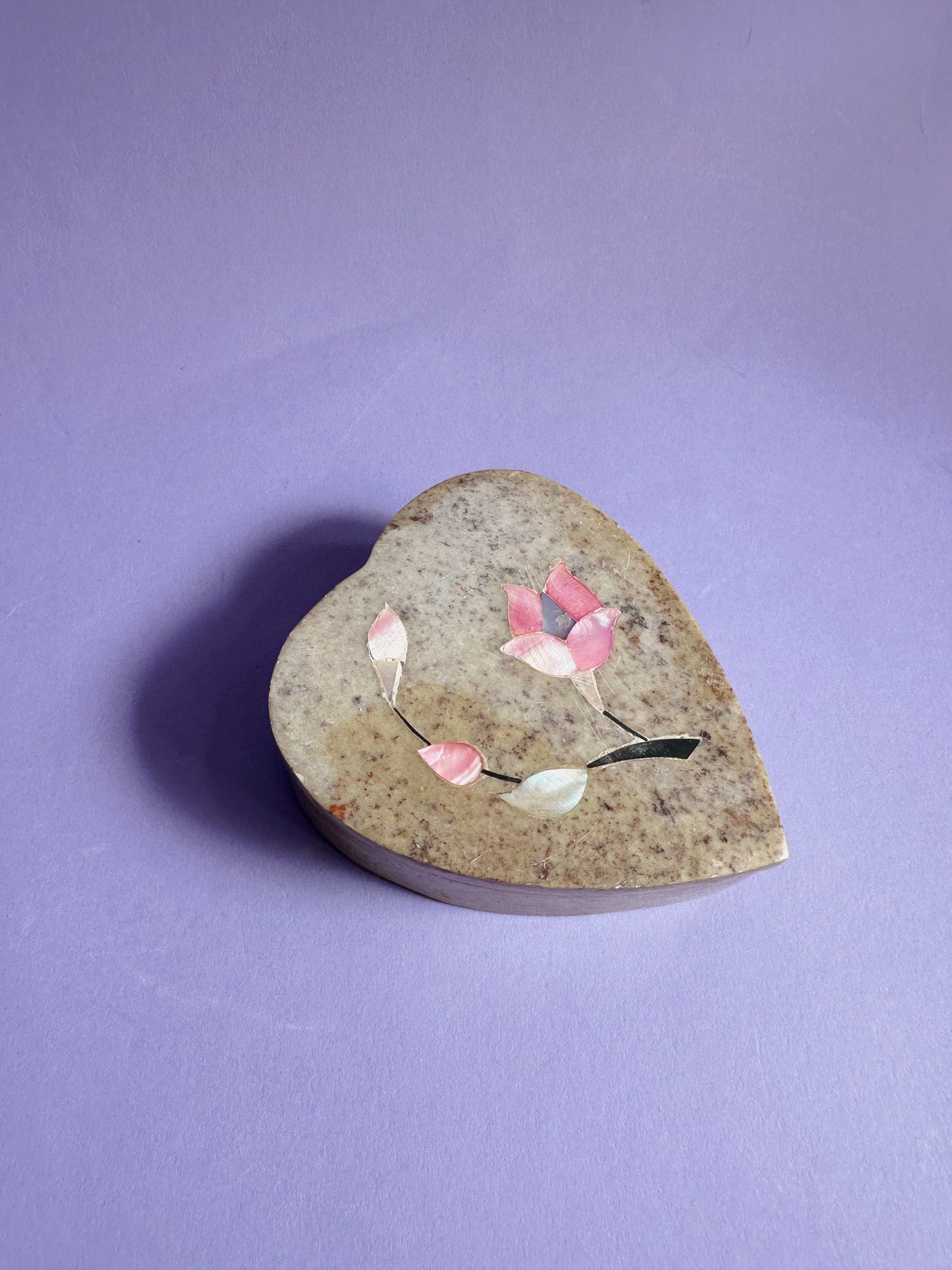 Carved Heart Soapstone Flower Inlay Gemstone Jewelry Gift Trinket Box
